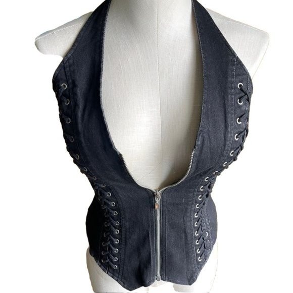 Lydia motorcycle vest Halter Top y2k black denim lace Zip Up Goth Emo Small VTG - Picture 5 of 12